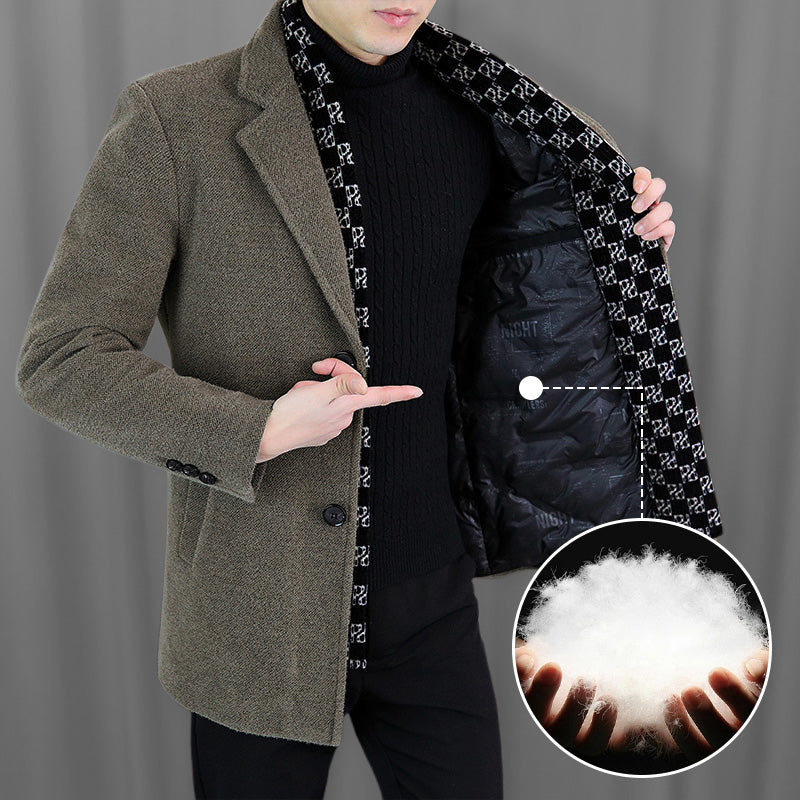 Veste d'hiver stylée en tweed à revers cranté pour hommes avec doublure en duvet de canard blanc